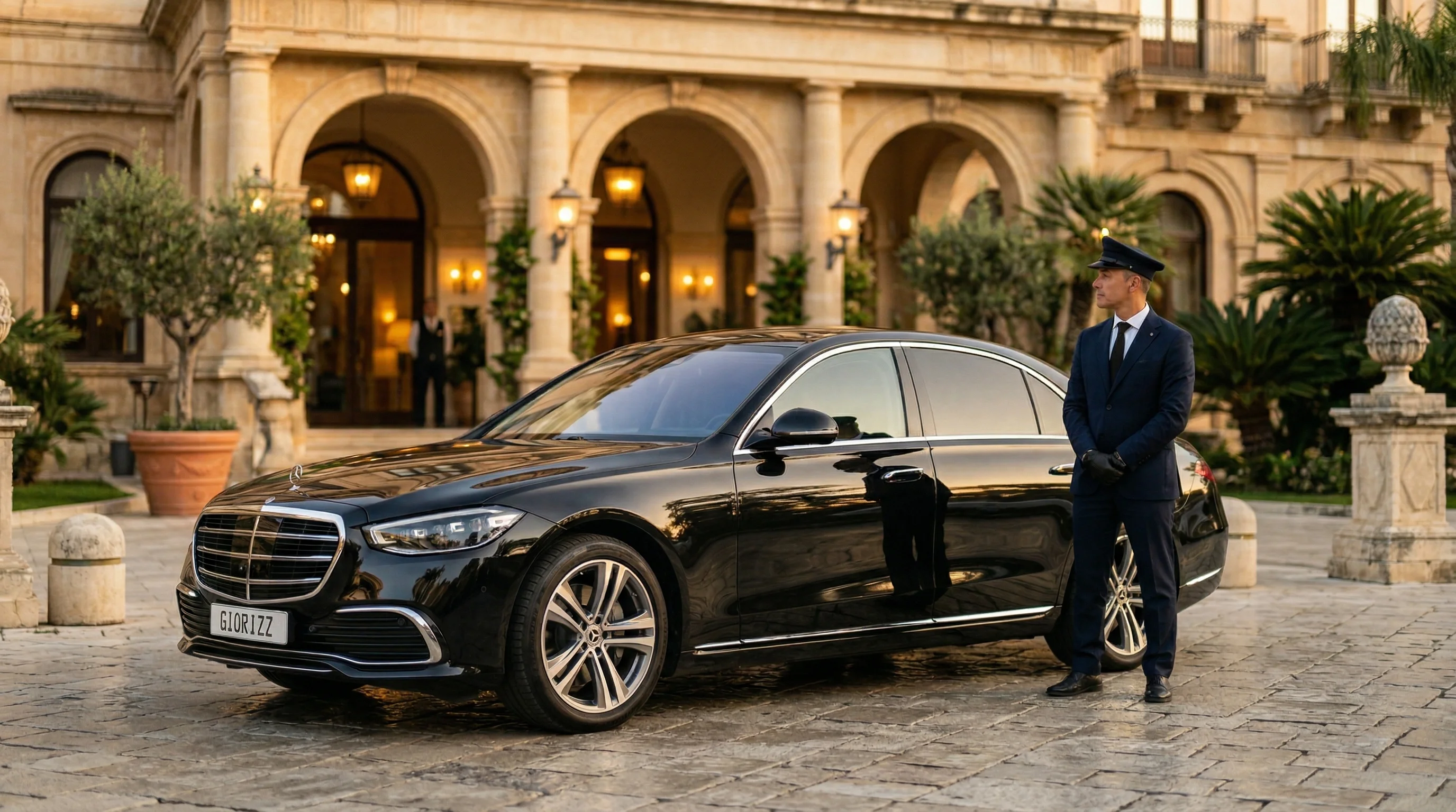 GIORIZZ chauffeur waiting by S-Class at luxury hotel