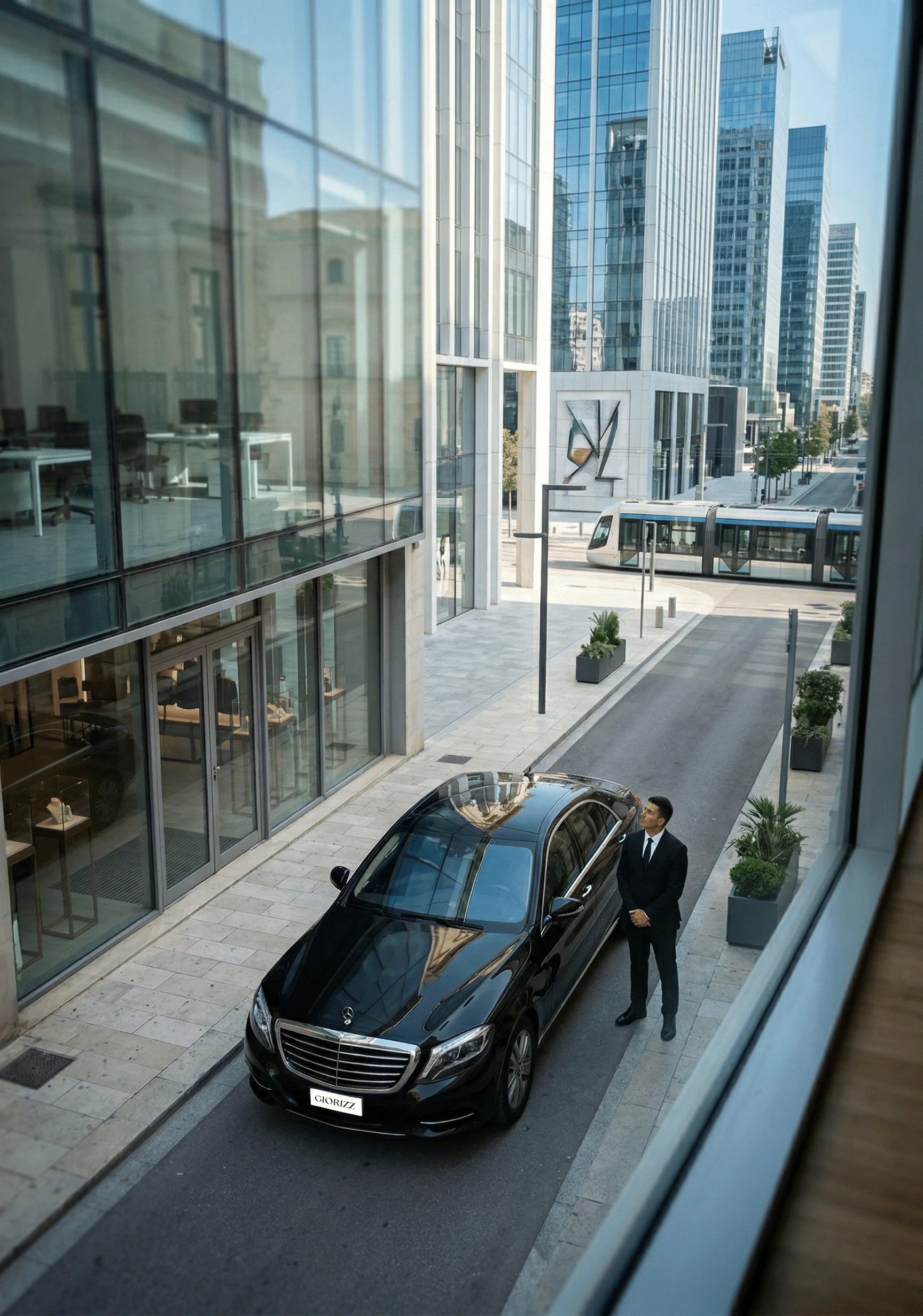 Chauffeur in livery on standby outside a building — hourly chauffeur service Sicily