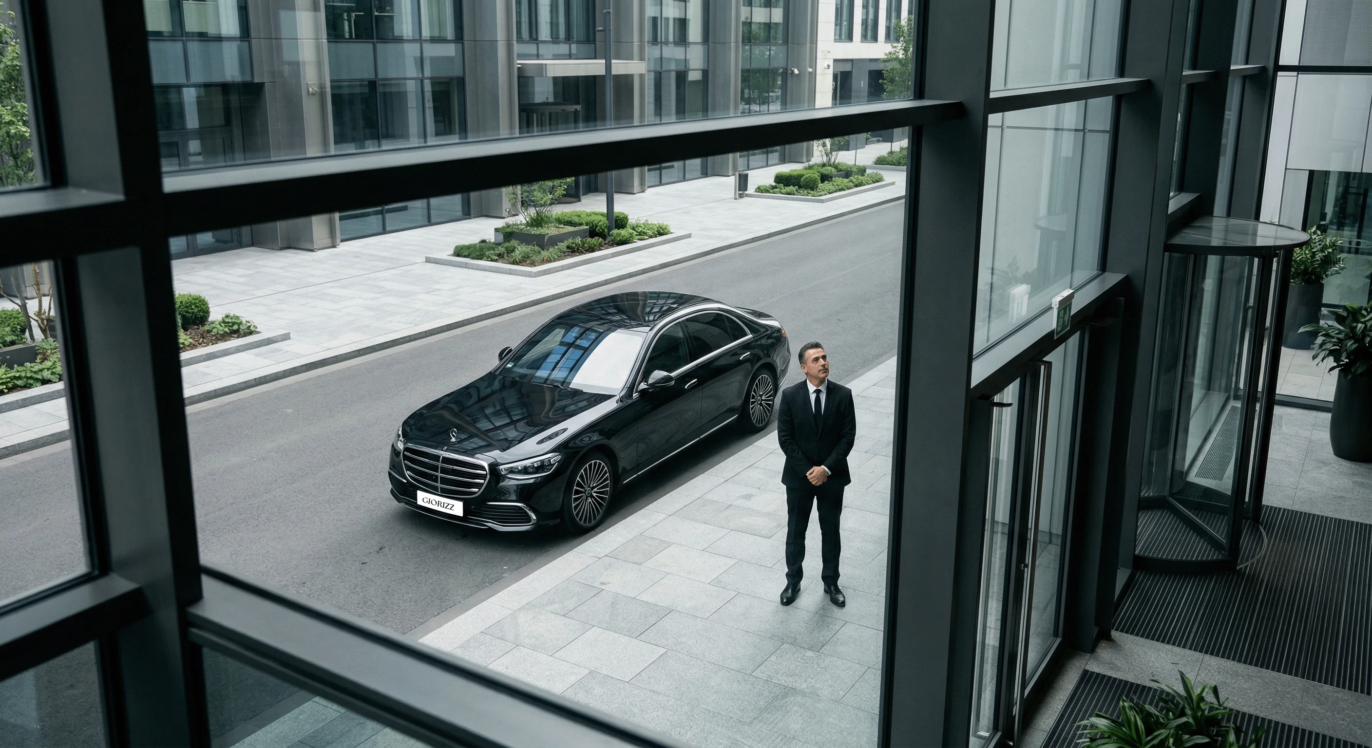 Hourly chauffeur waiting outside a business office, on standby